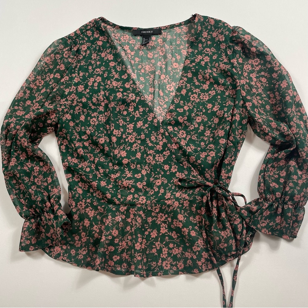 Forever 21 Floral Wrap Blouse | Romantic Tie Waist | Green & Pink S Whimsical